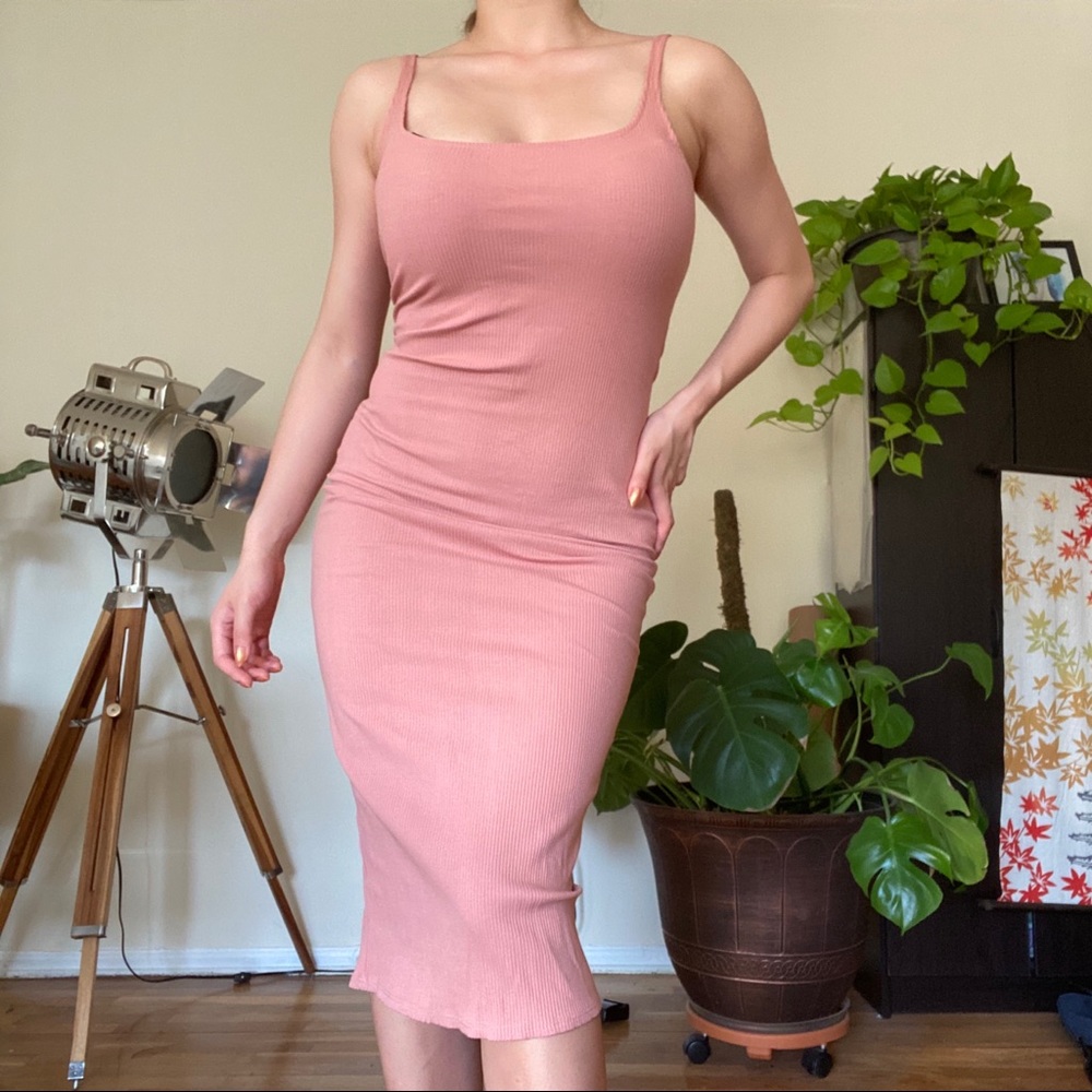 Blush Pink Bodycon Knit Ribbed Midi Dress